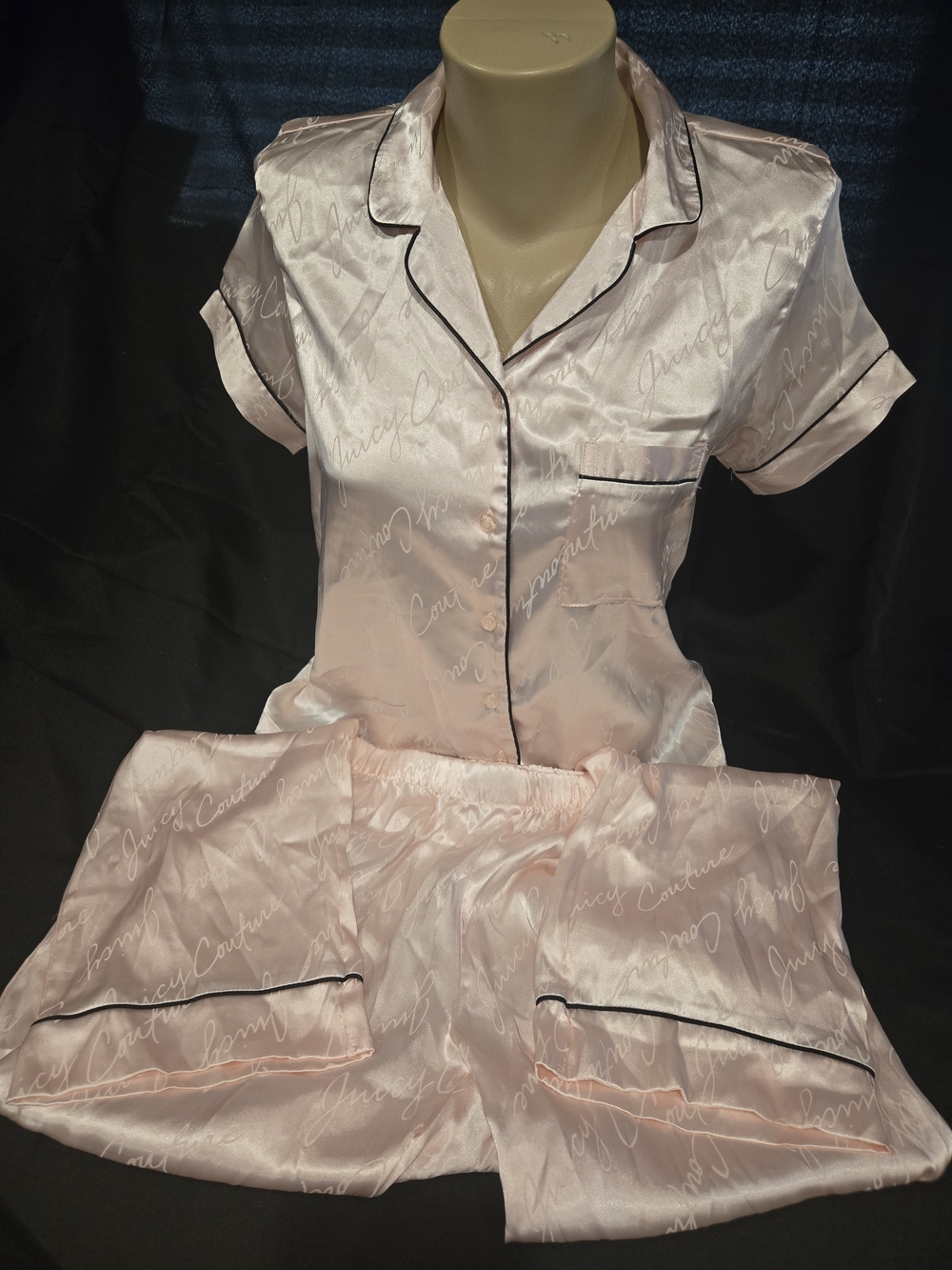 Juicy Couture Light Pink Satin Short Sleeve Pajama Set with Black Piping